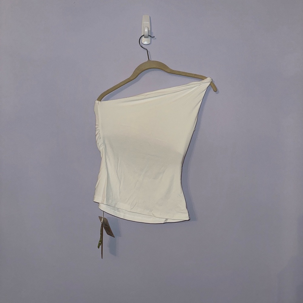 OGL White One-Shoulder Tank Top with Built-In Bra - Picture 4 of 5
